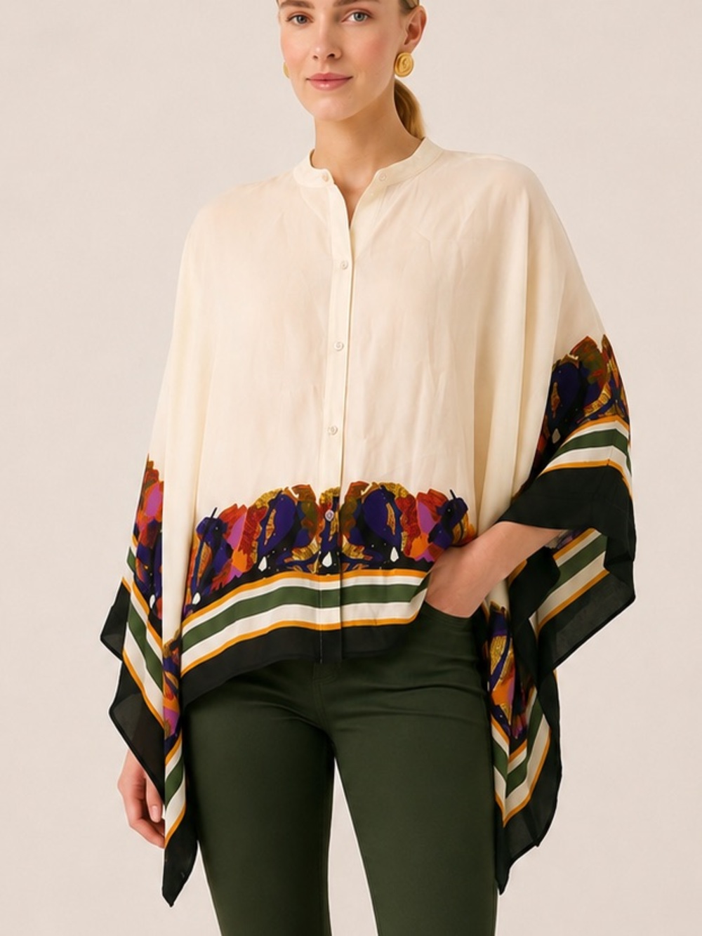Marie Oliver Silk Equestrian Foulard Print Caftan Blouse Cream OS